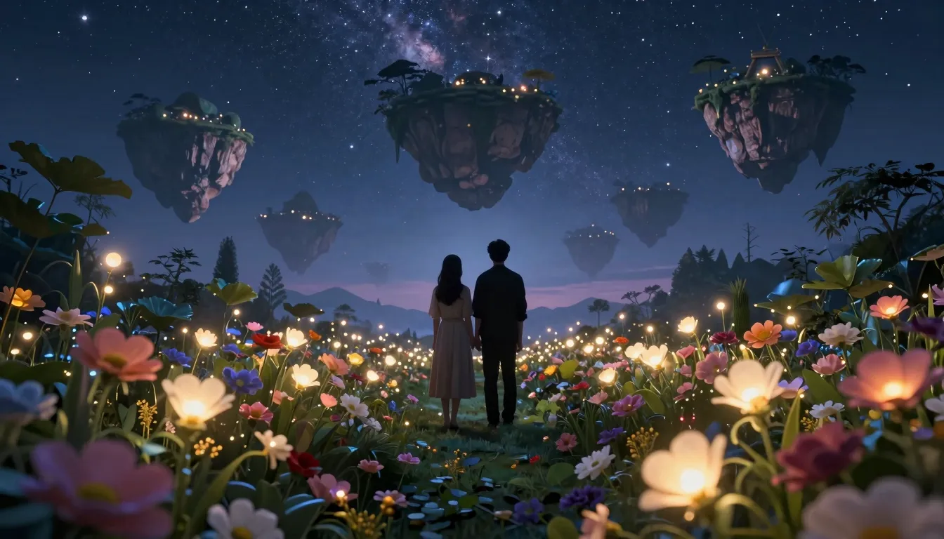 A surreal landscape with a secret garden full of glowing flo...