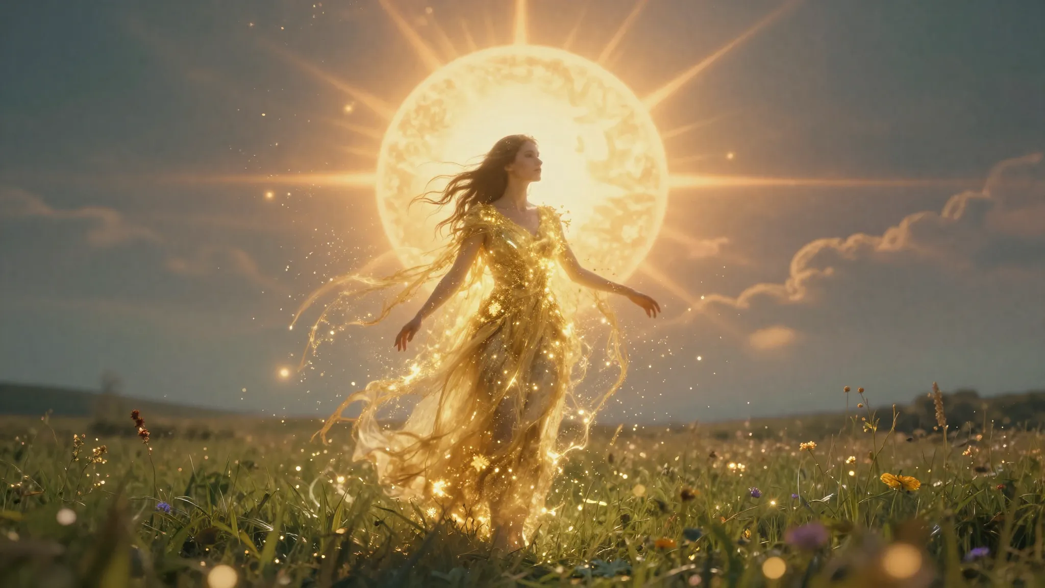 Cinematic slow motion video, a person standing in a meadow, ...