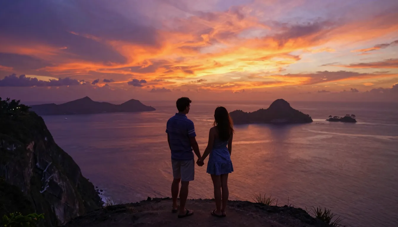 A romantic couple holding hands, standing on a cliff overloo...