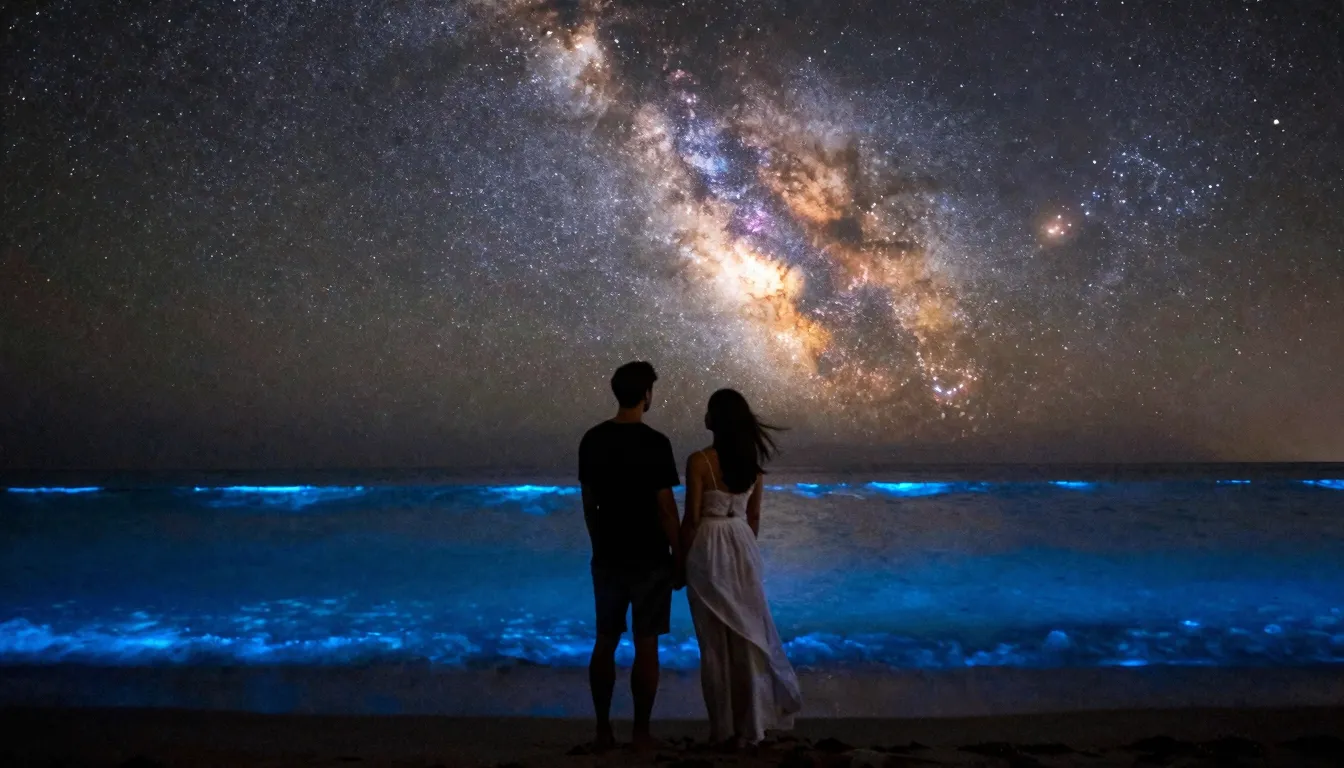 A romantic cinematic scene of a couple standing on the shore...