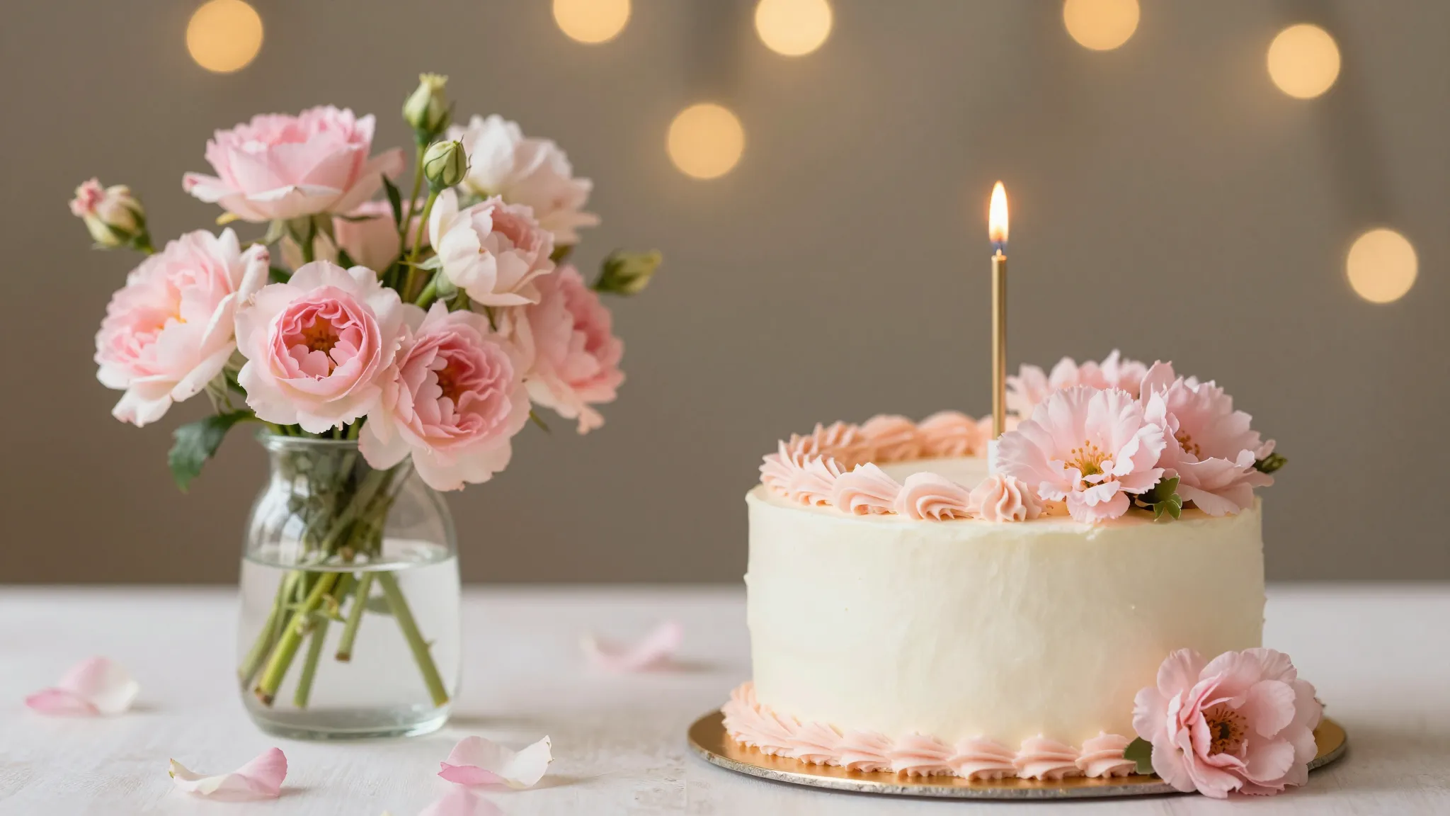 A delicate birthday aesthetic with pink flowers, a small ele...