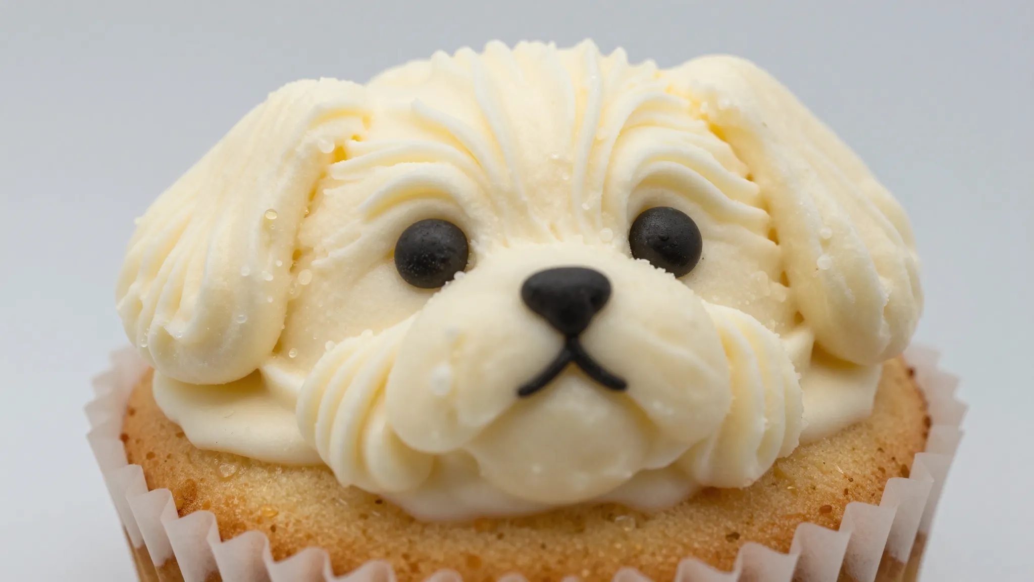 A delicious gourmet cupcake shaped like a cute puppy's face,...
