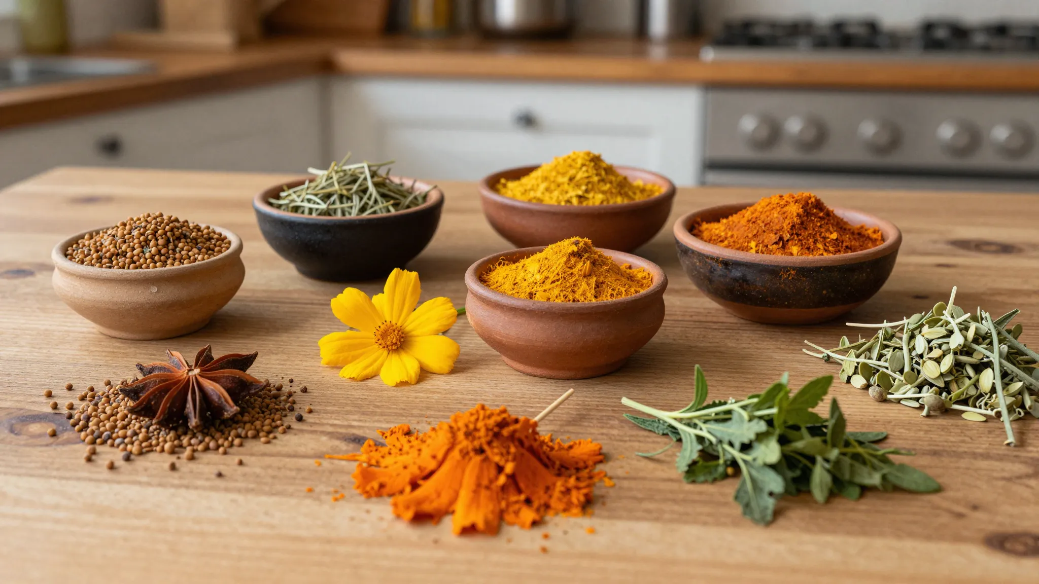 A beautiful arrangement of traditional Georgian spices on a ...