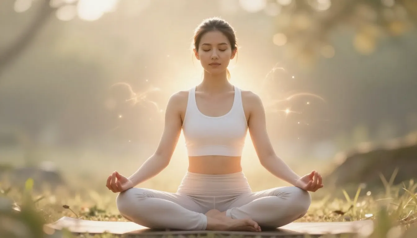 A woman meditating in a serene, natural setting, with a glow...
