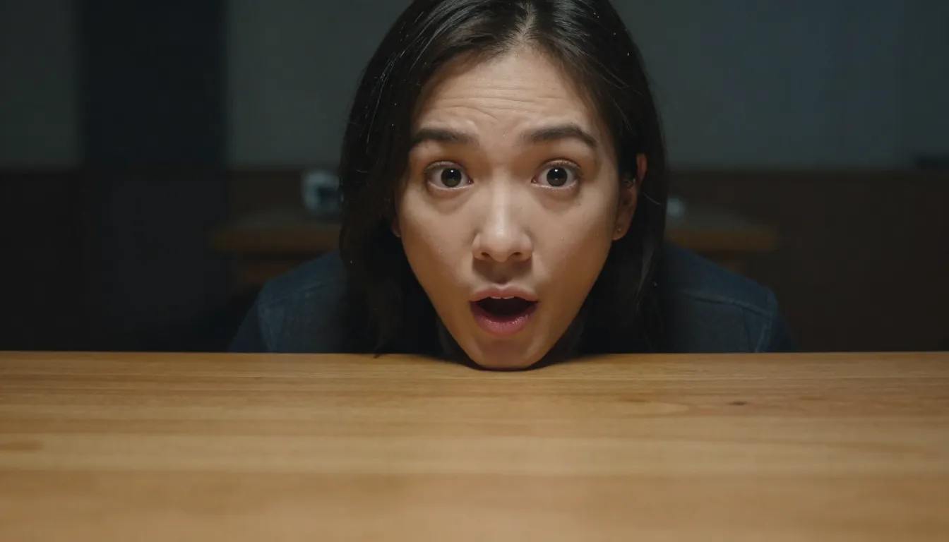 A person leaning across a wooden table in a dimly lit room, ...