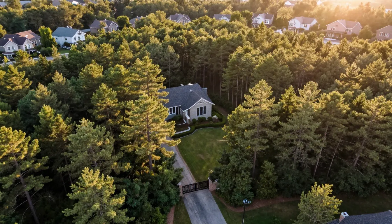 Aerial view of a premium real estate plot in a dense pine fo...