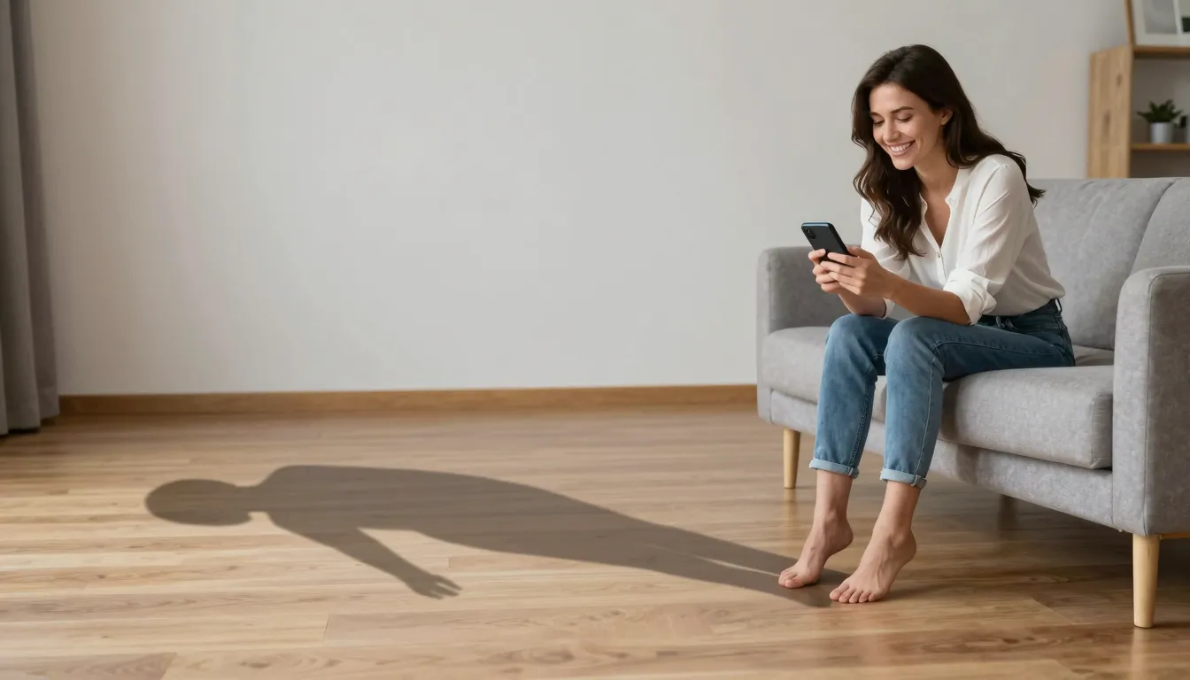 A realistic wide shot of a woman in a perfectly tidy, minima...