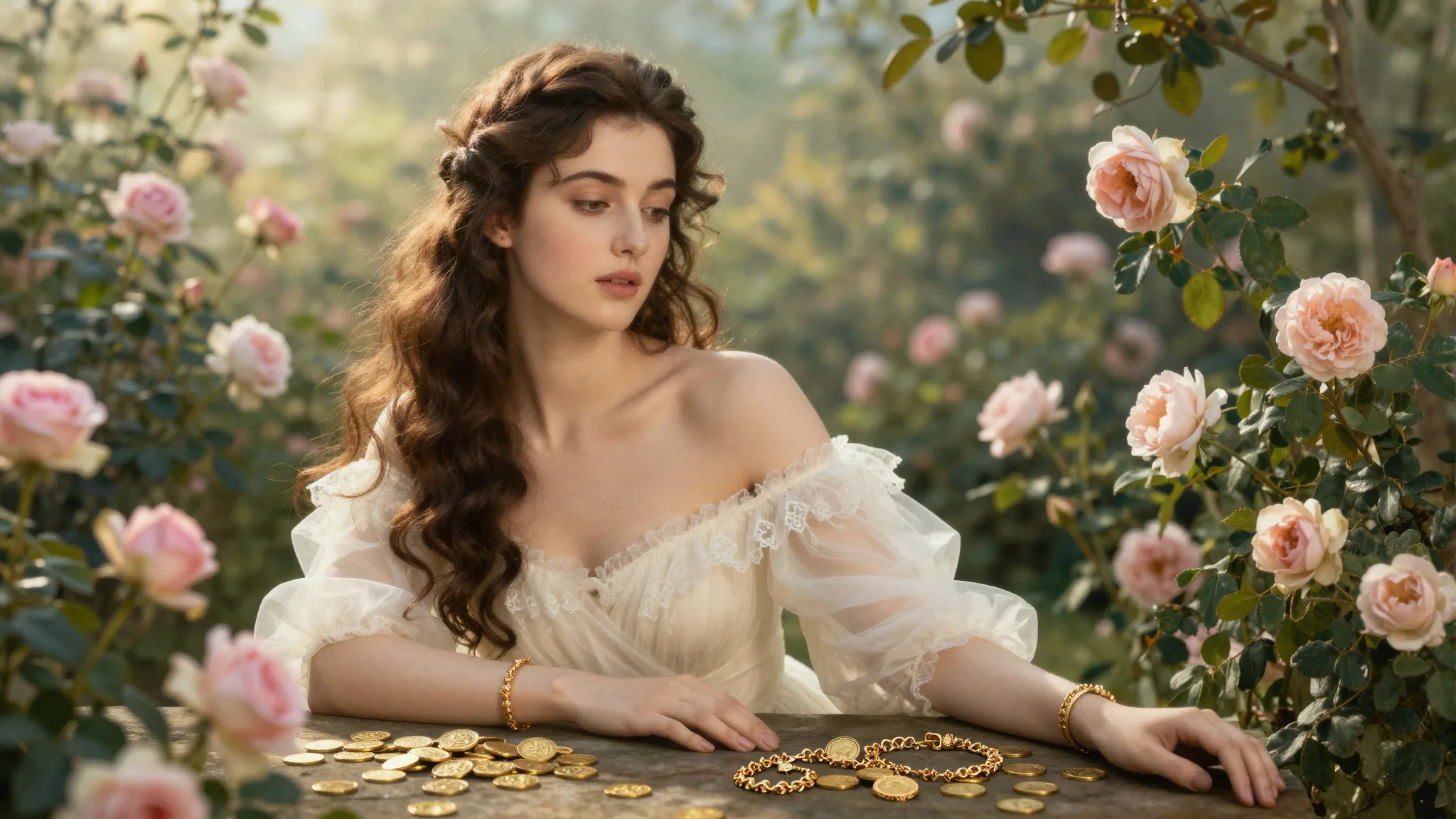 A beautiful elegant woman in a blooming garden, soft sunligh...