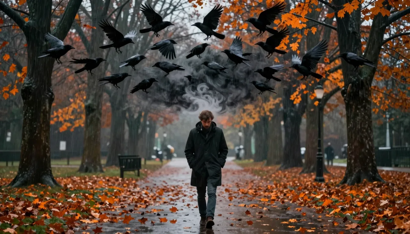 A lonely man walking through a vibrant autumn park in heavy ...