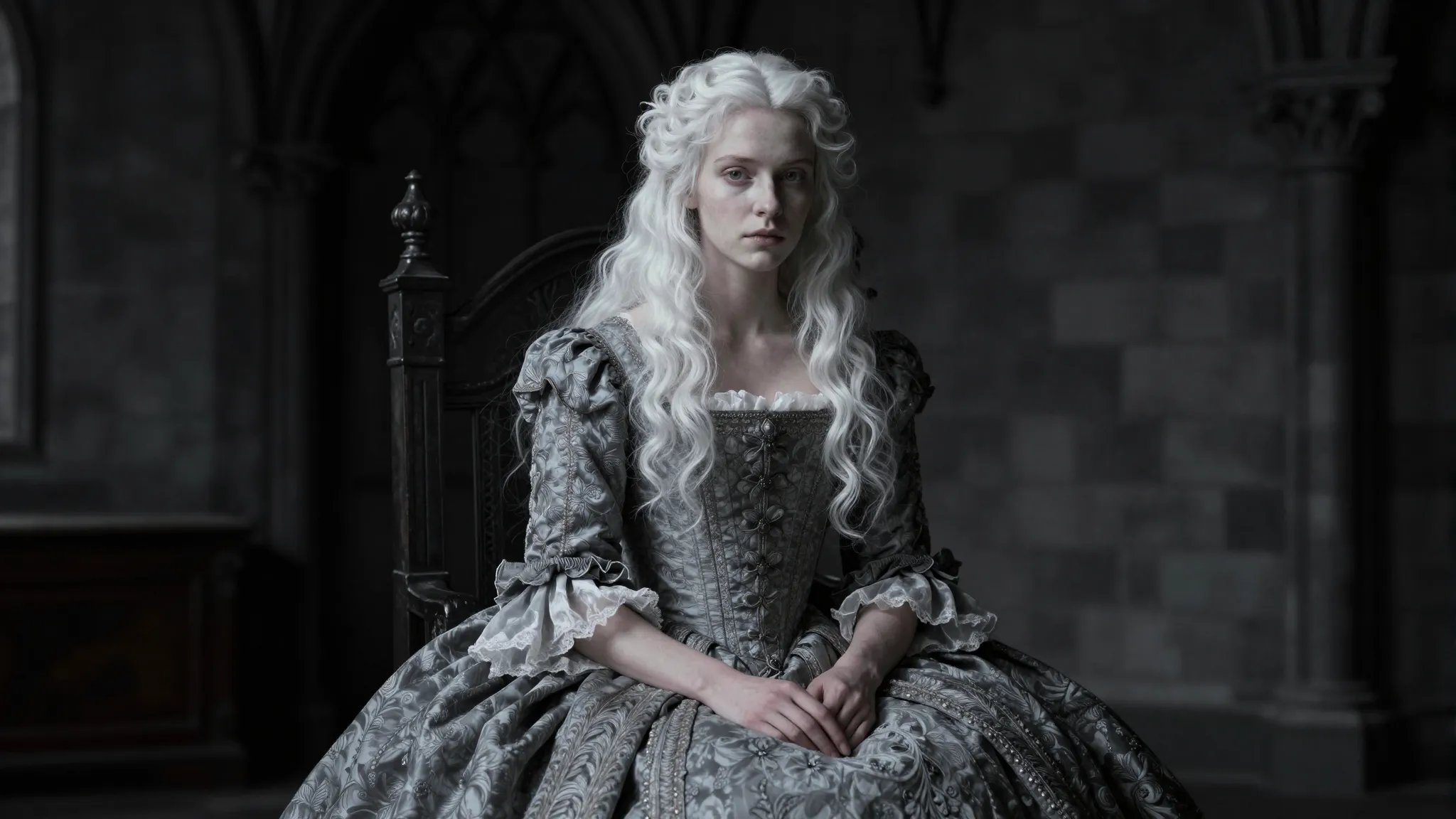 A young 17th-century French countess with very long white ha...