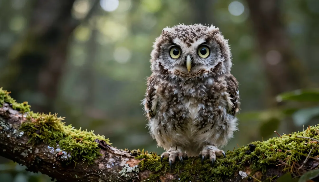 A tiny fluffy baby owl with big expressive eyes sitting on a...