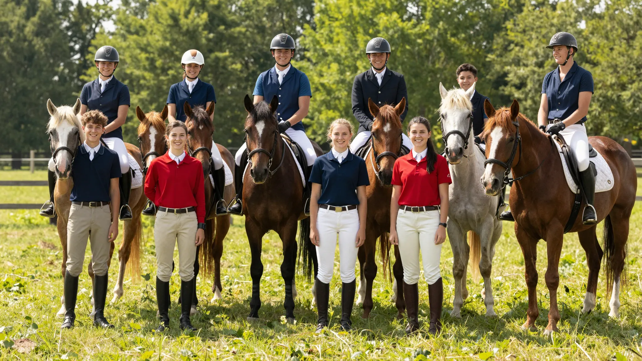 A group of happy teenagers in equestrian gear standing with ...