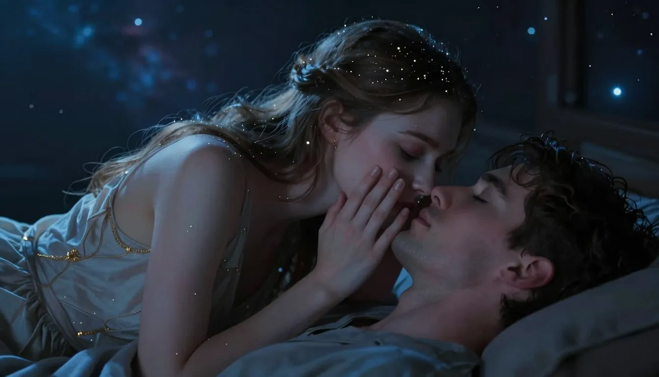 A beautiful ethereal woman made of stardust whispering into ...