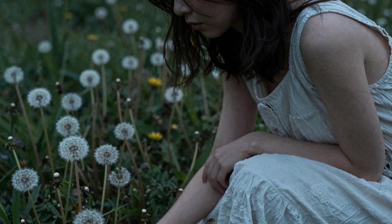 Close-up of a young woman in a field of withered dandelions ...