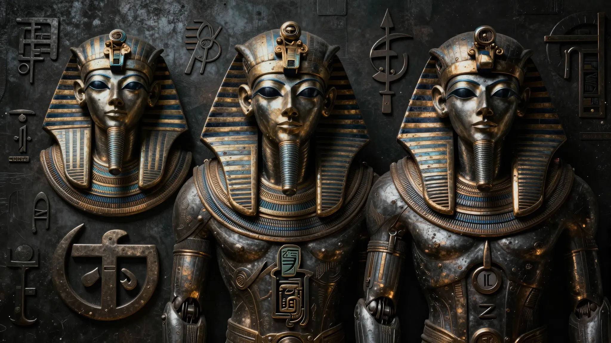 Dark industrial metal album cover, fusion of ancient Egyptia...