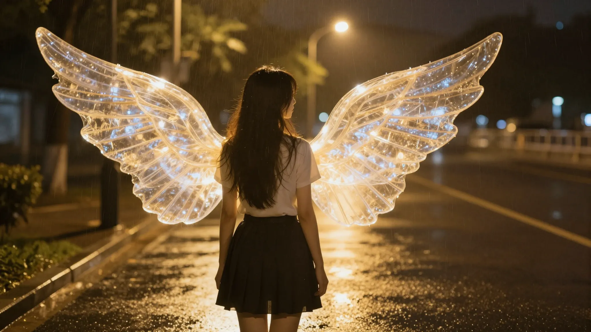 A young woman standing under a warm street lamp on a rainy n...