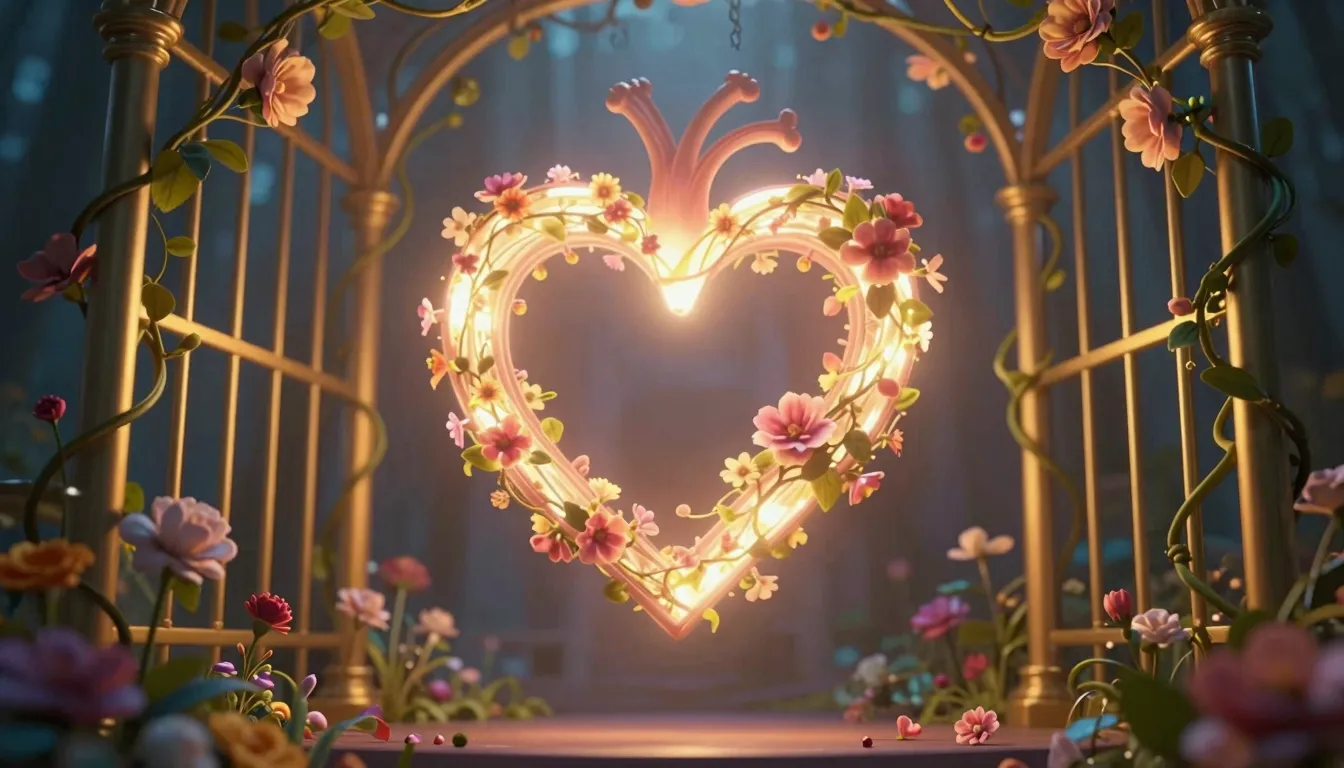 A surreal and poetic illustration of a glowing heart shaped ...