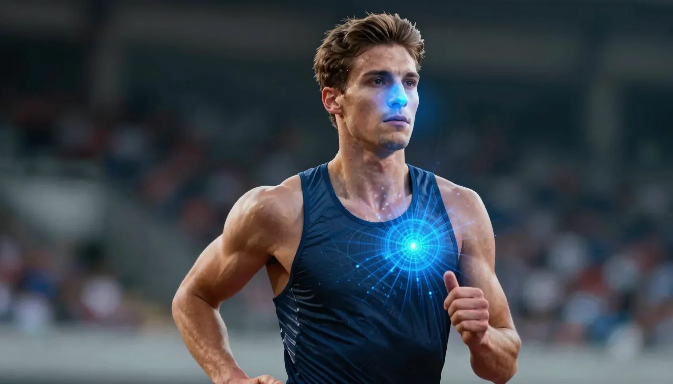 A professional athlete running with a calm face, glowing blu...