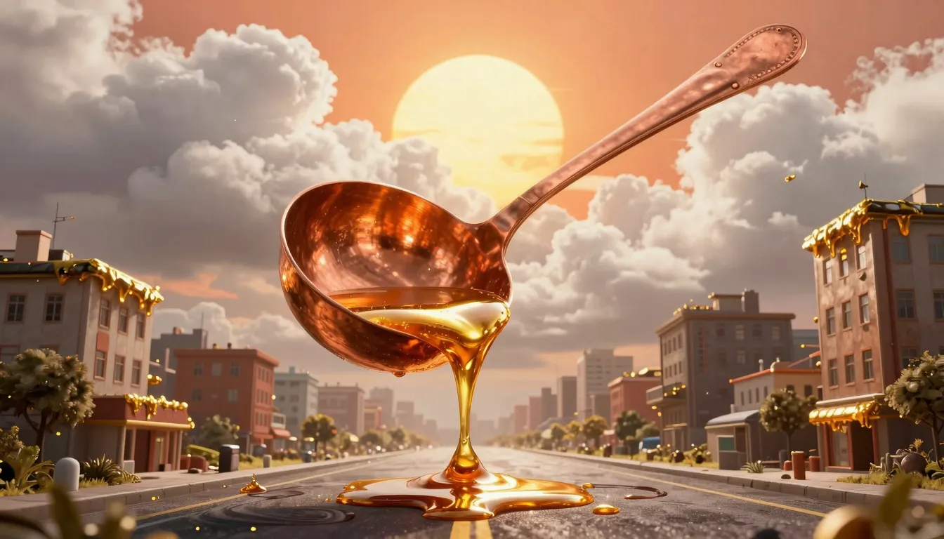 Surreal digital art. A giant copper ladle in the sky stirrin...