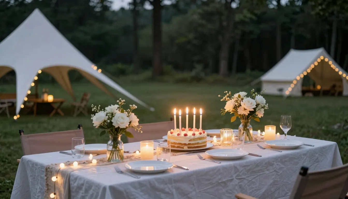 A festive outdoor dinner table at a summer camp, decorated w...