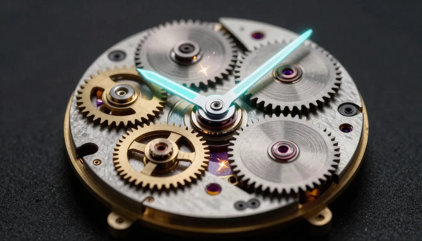 A broken clockwork mechanism being repaired by glowing digit...