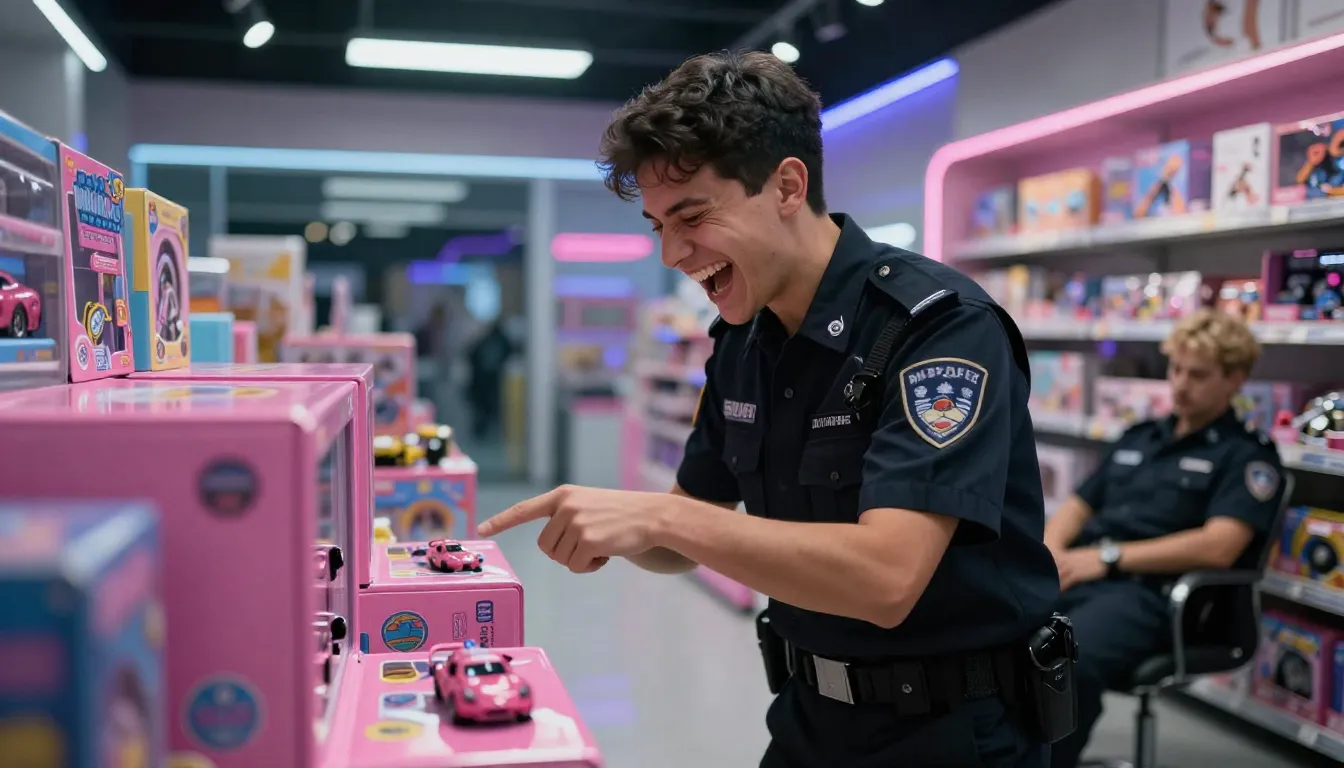 A young security guard with dark hair laughing hysterically ...