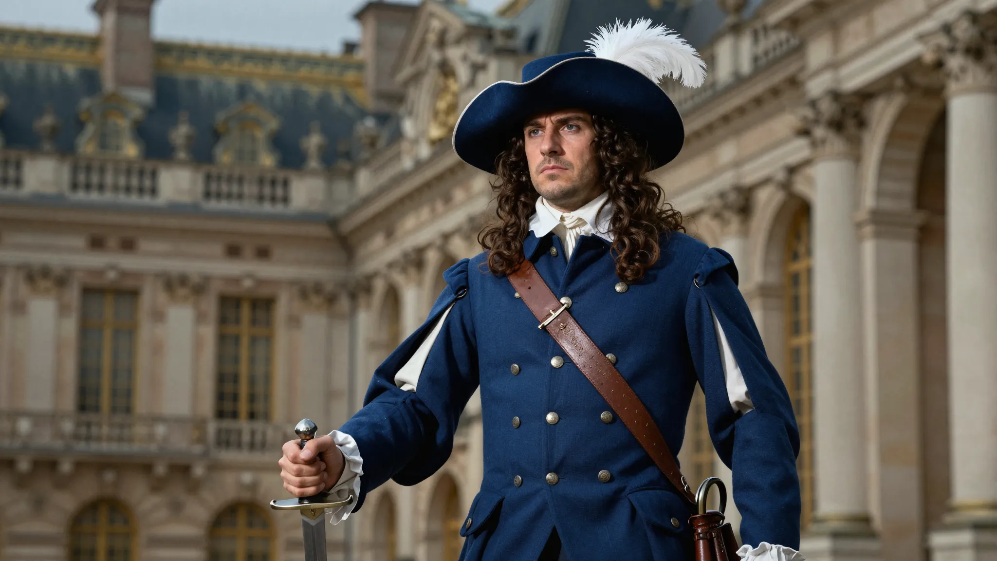 A brave musketeer in a classic 17th-century blue uniform wit...