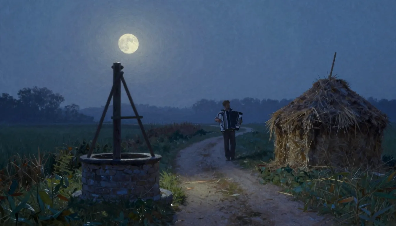 A poetic evening scene in a rural setting. A narrow path ill...