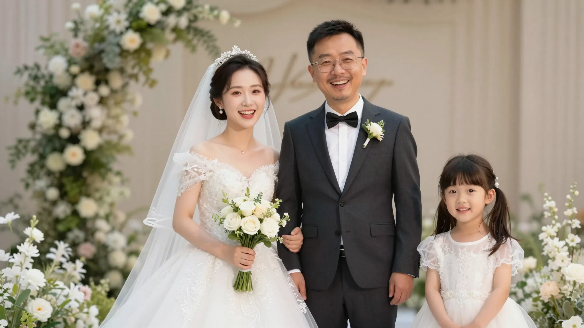 A happy middle-aged man in a wedding suit, wearing a groom's...