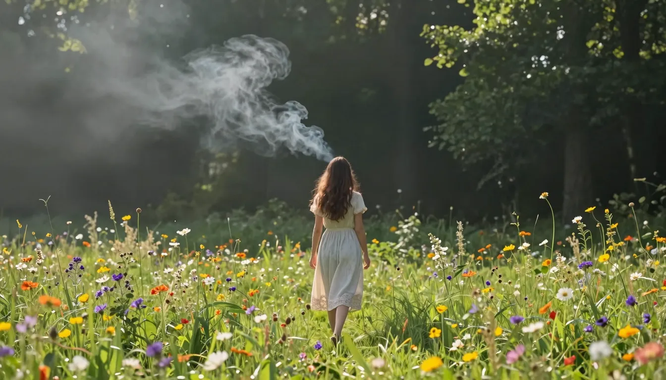 A serene girl walking away from a dark misty forest into a b...