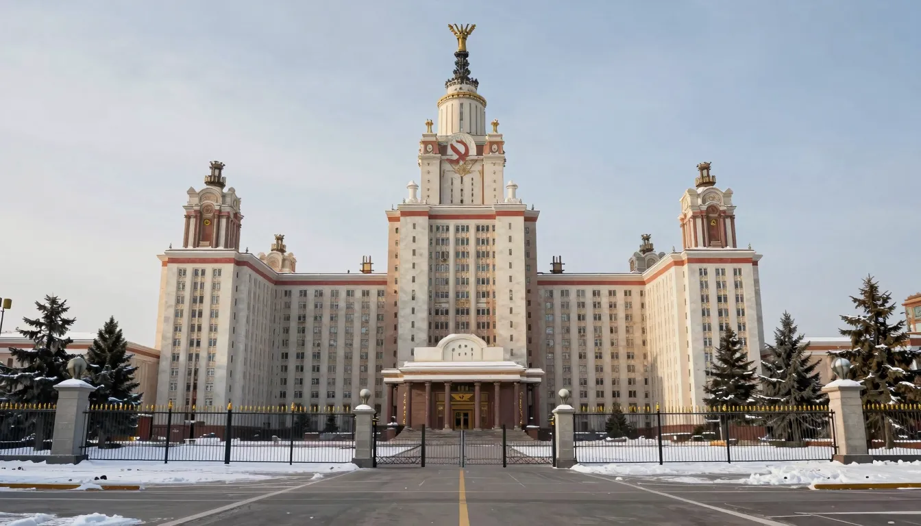 Satirical illustration of a fictional Soviet-style universit...
