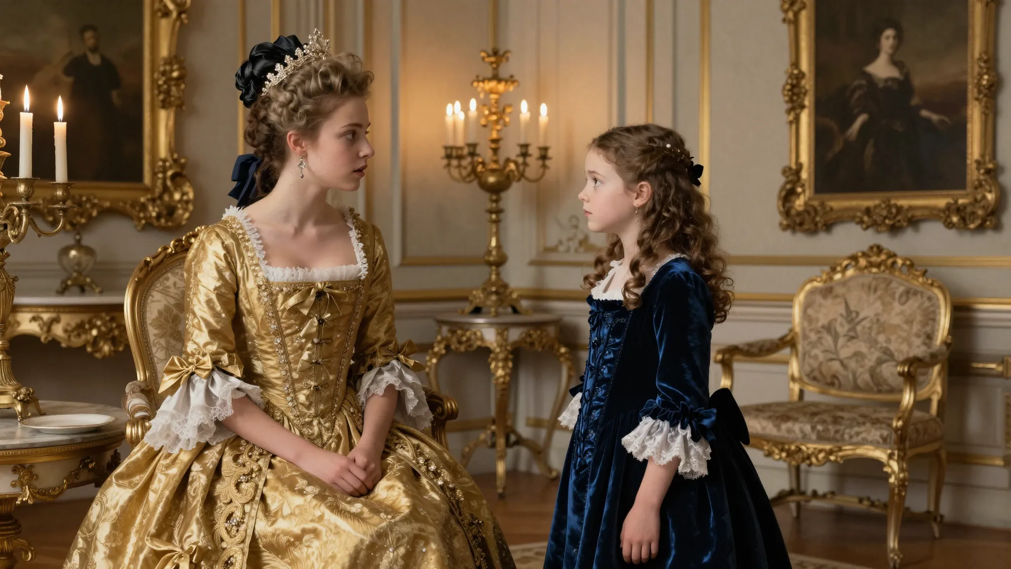A luxurious 17th-century French salon, a haughty noblewoman ...