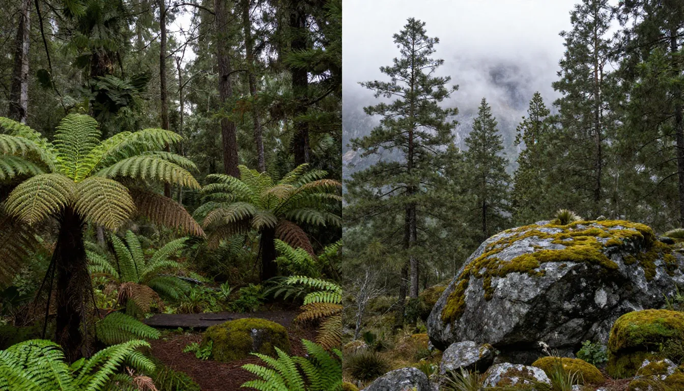 Comparison of two landscapes: left side lush green Tasmanian...