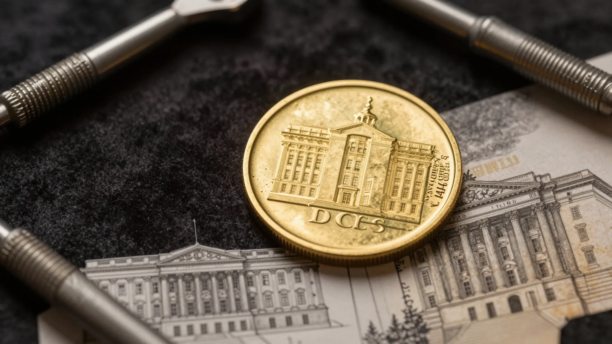 A golden ace coin on a dark velvet background, architectural...