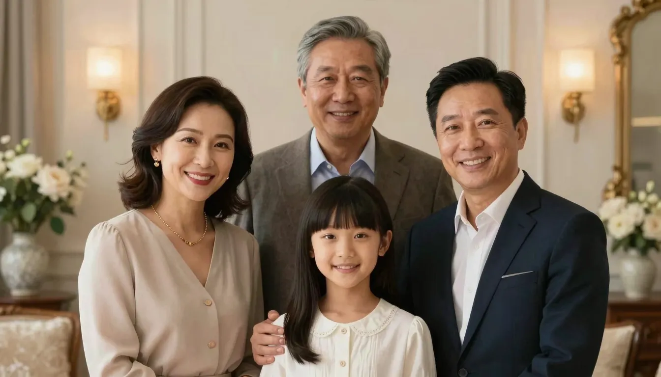 A beautiful classic family portrait, happy faces, warm home ...