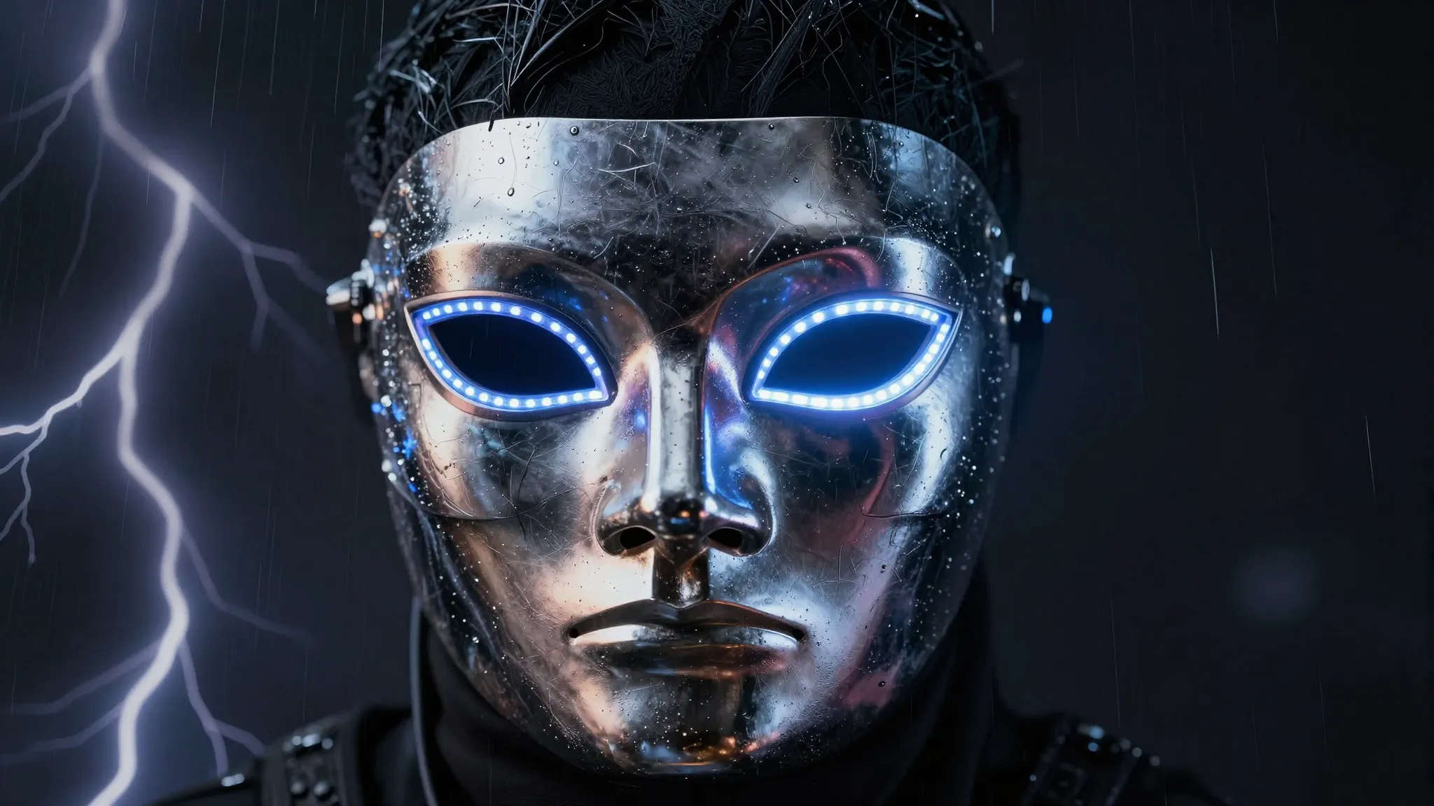 A futuristic mask for a DJ, glowing LED eyes, metallic surfa...