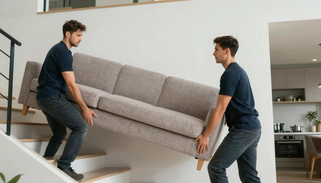 Two strong movers carefully carrying a large sofa down a sta...