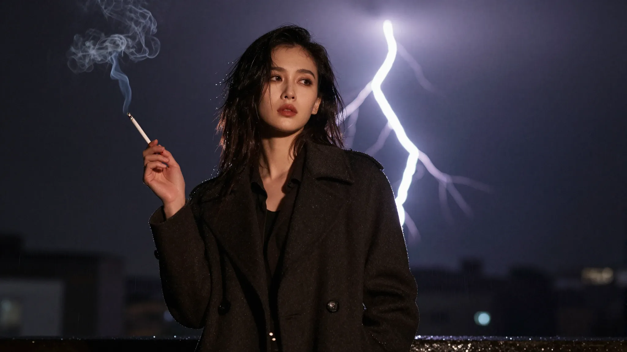 Portrait of a woman in a dark coat standing in the rain at n...