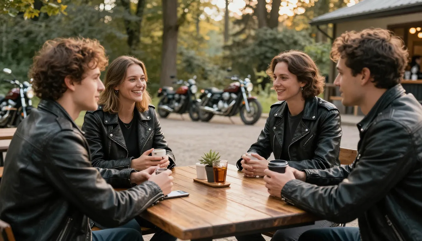 A group of bikers in leather jackets talking and laughing at...