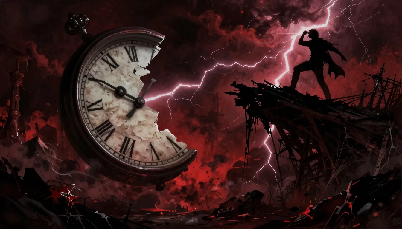 Gothic rock album cover, dark fantasy style, a broken clock ...