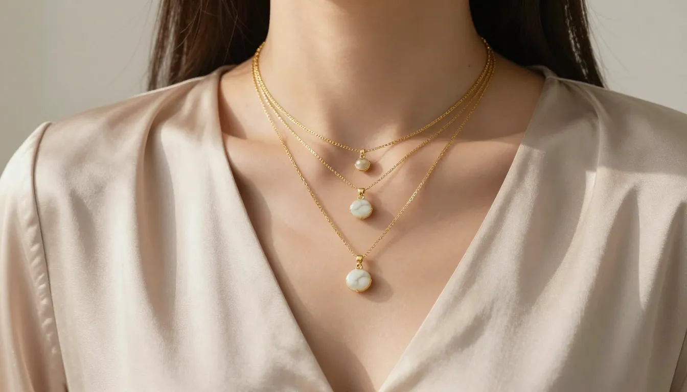 Close up of a woman wearing layered gold necklaces of differ...