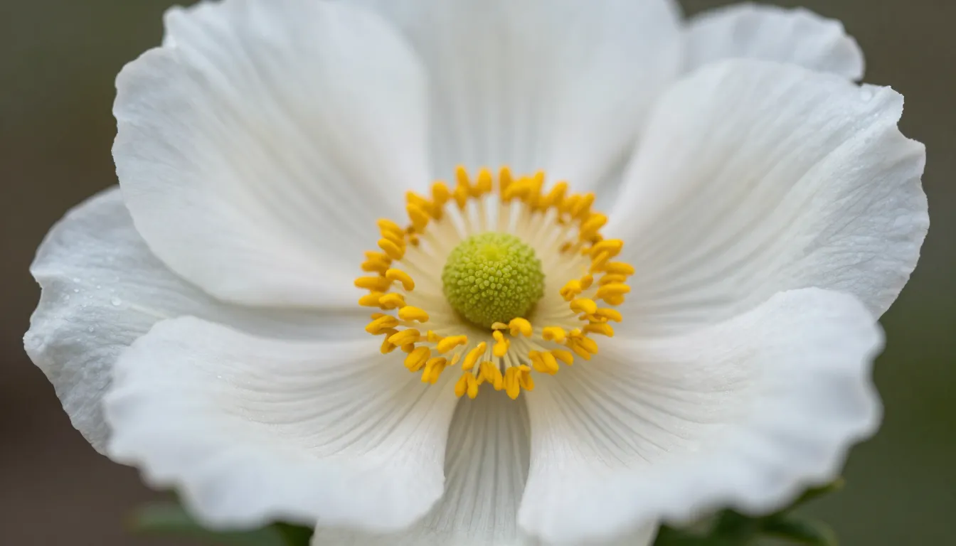 Close-up shot of a white anemone flower, delicate petals, so...