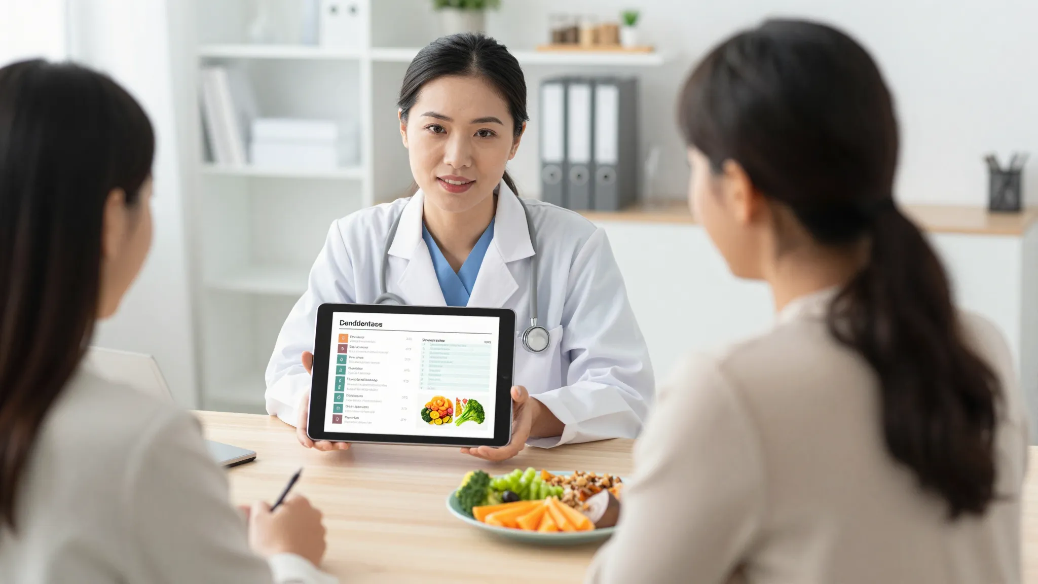 A professional nutritionist consulting a client, showing a b...