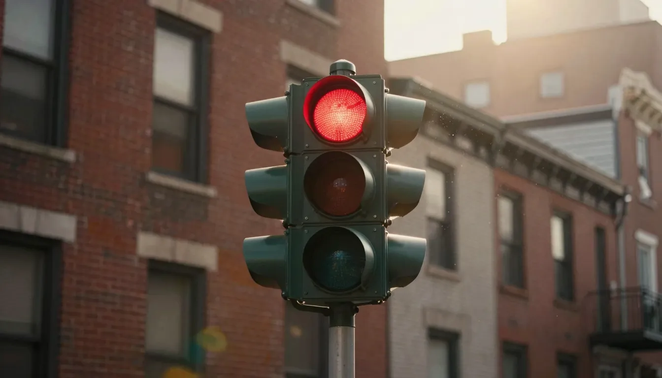 Realistic urban shot of a traffic light with a bright red si...