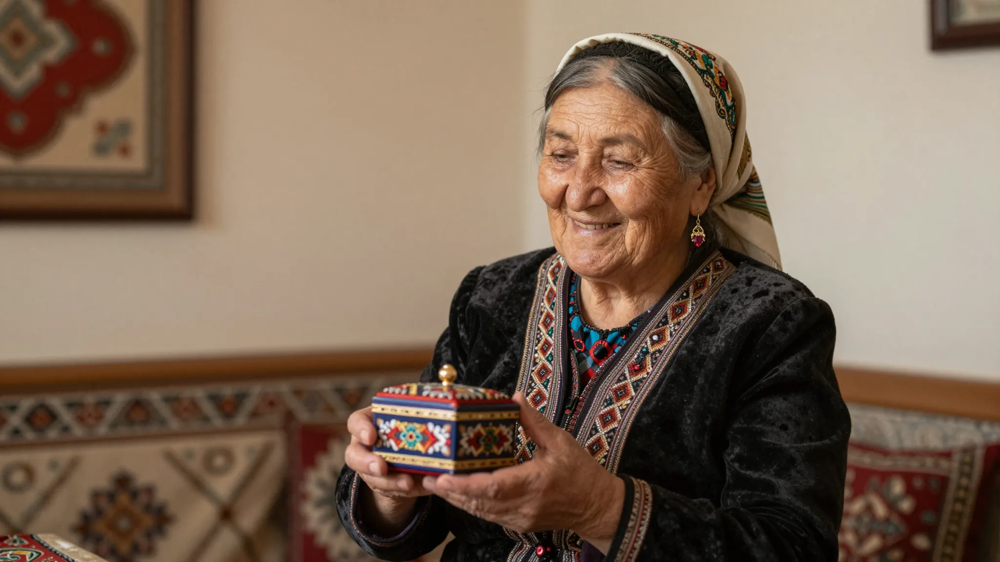 A cheerful elderly Kyrgyz woman in a traditional headscarf, ...