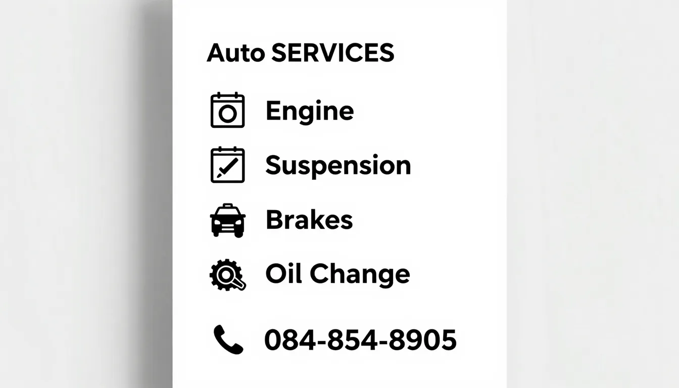 Back of a business card for an auto service center. List of ...