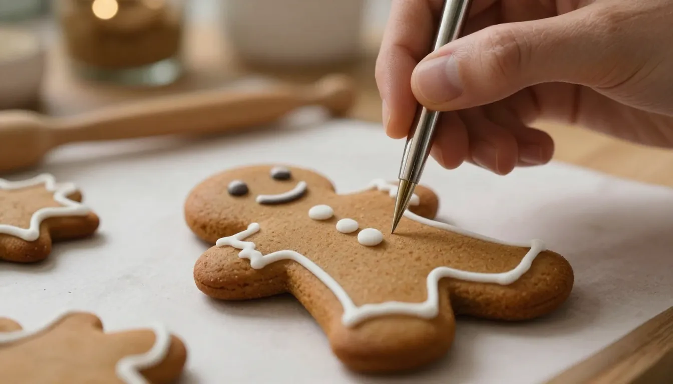 Macro shot of a hand carefully applying thin white icing lin...
