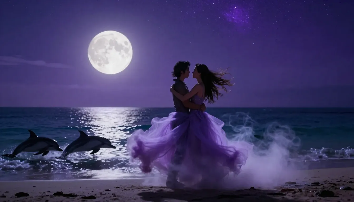 Hyper-realistic night scene, ocean shore, vibrant purple sta...