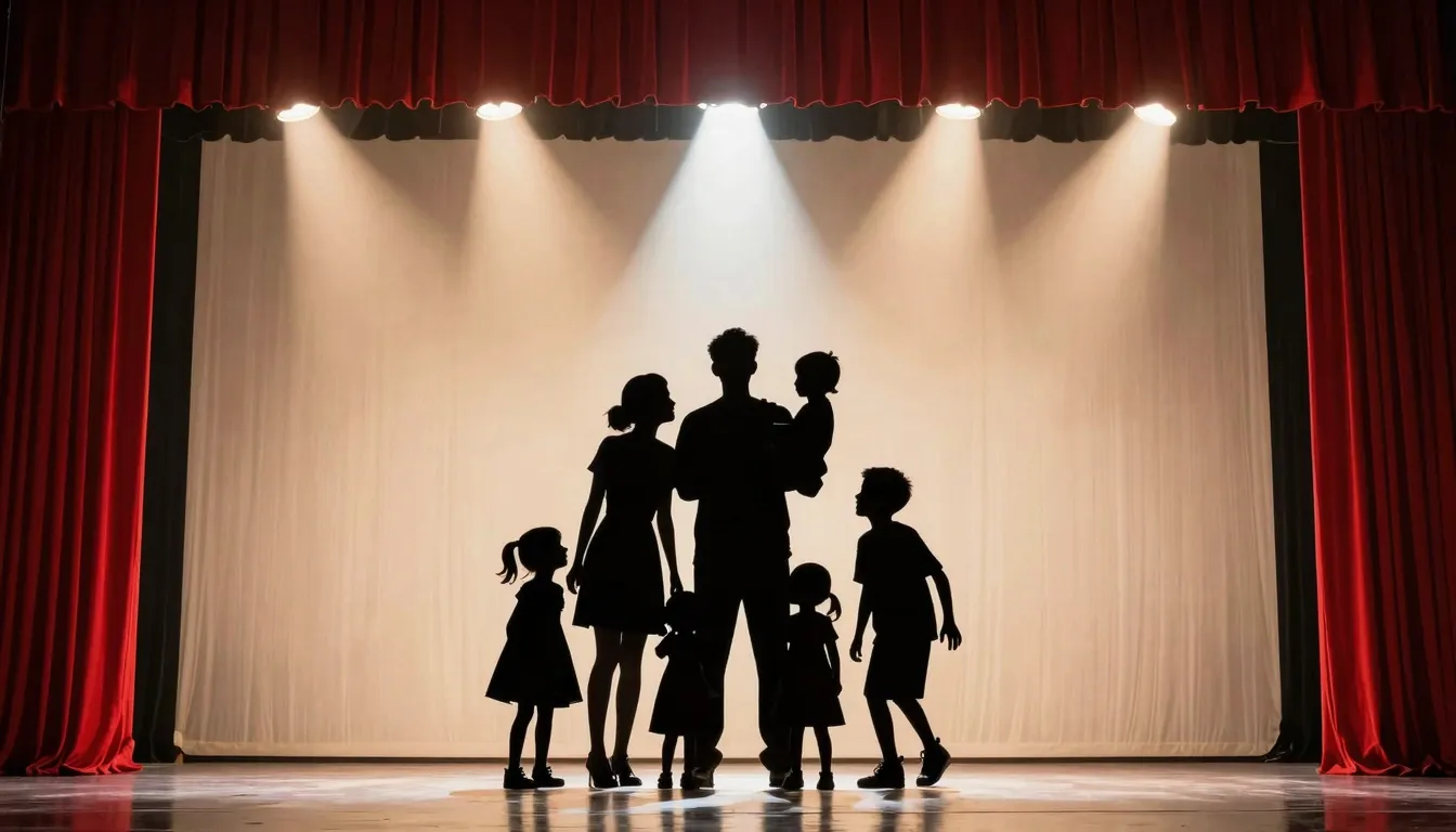 A theatrical poster background, bright stage lights, red cur...