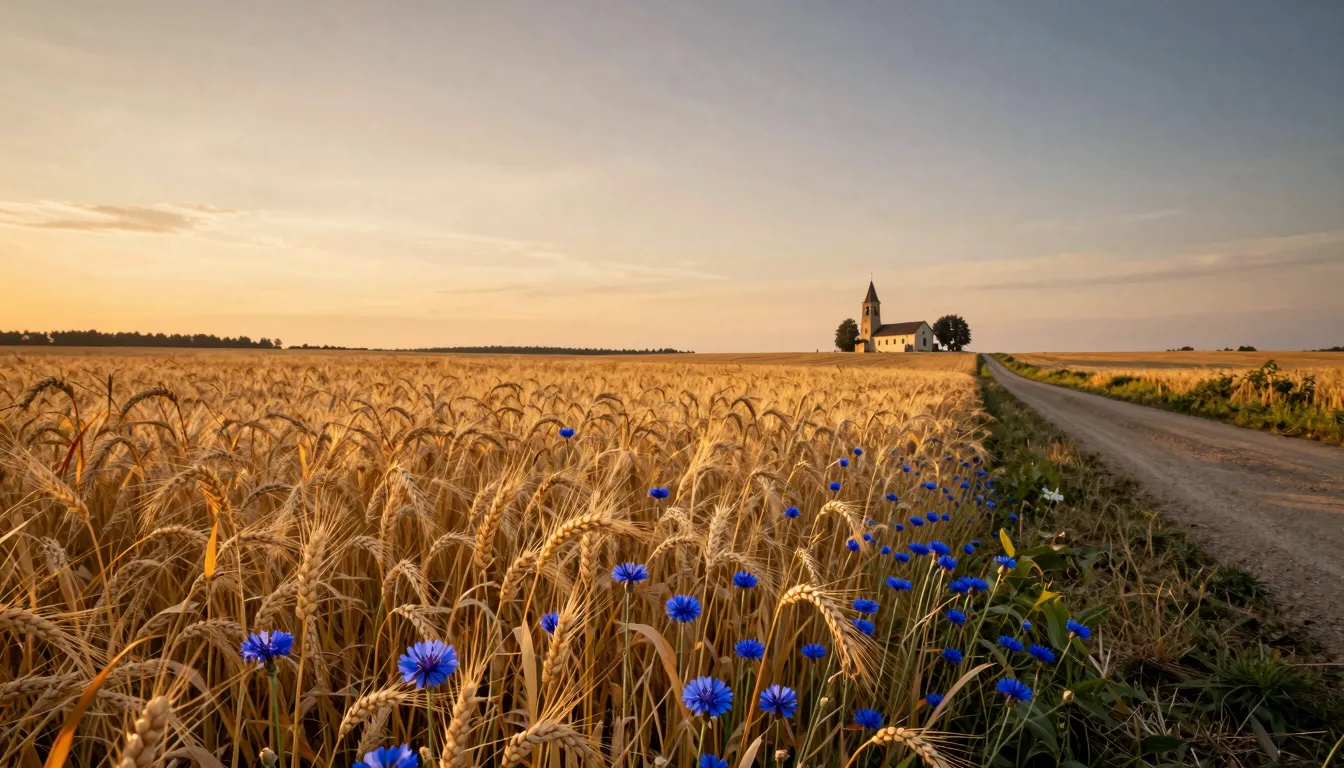 A vast golden rye field under a warm evening sky, bright blu...